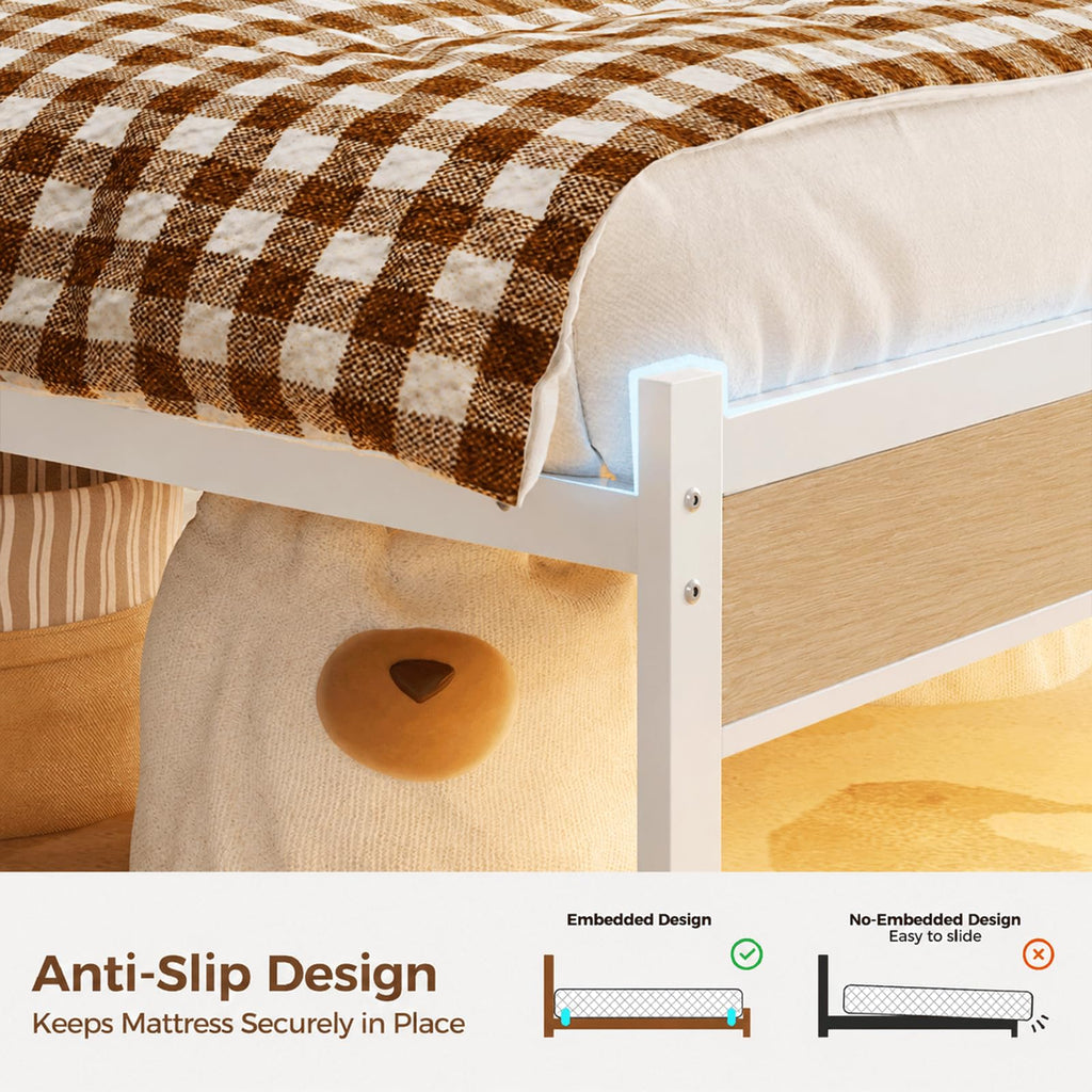 White Full Size Upholstered Platform Bed Frame with LED Lights and Storage Shelf B3924