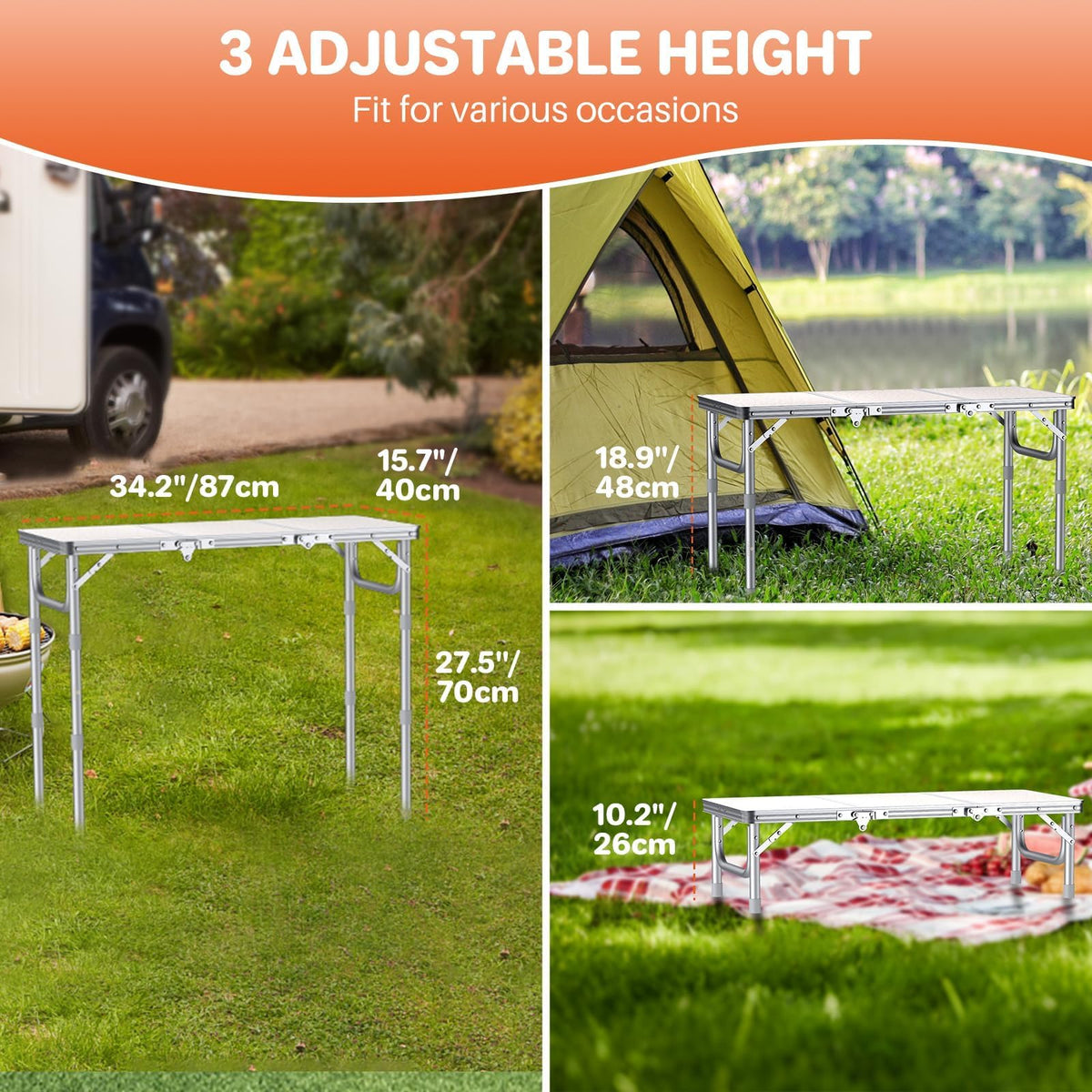 3ft Folding Camping Table, 3 Height Adjustable White R49909