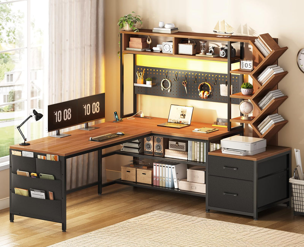 L Shaped Office Desk with Drawers and Hutch J9006
