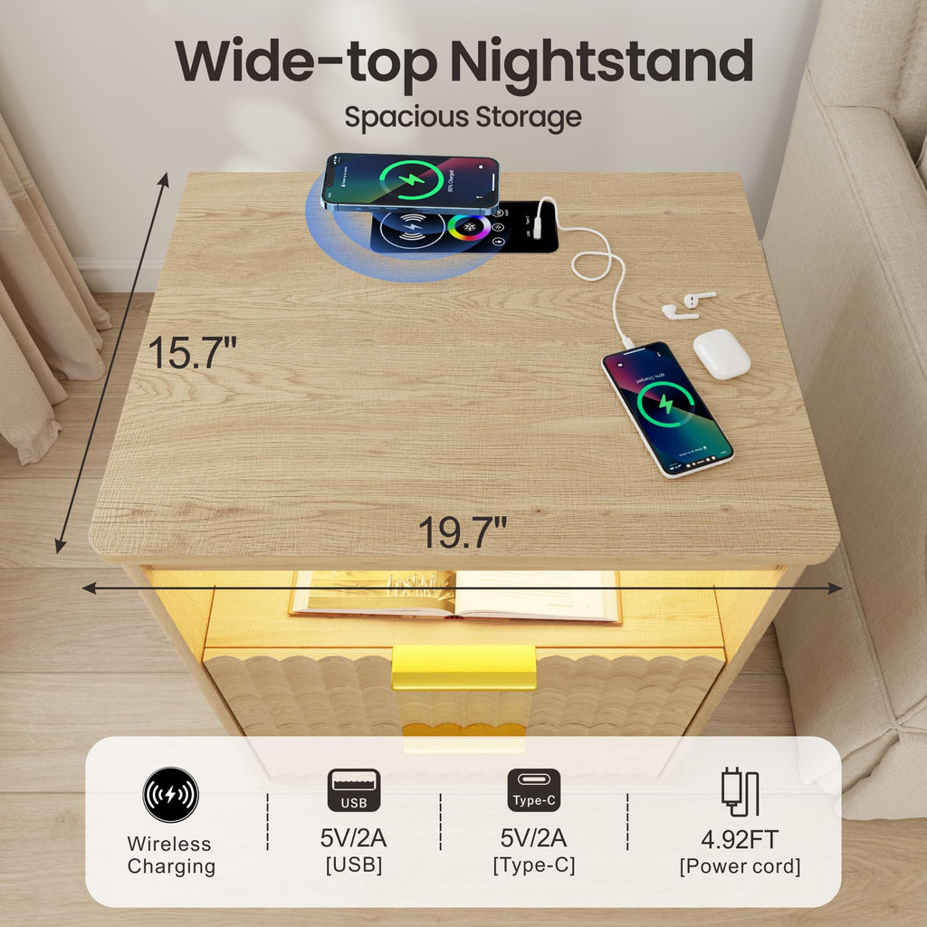 LED Nightstand with Charging Station and 2 Drawers O77578