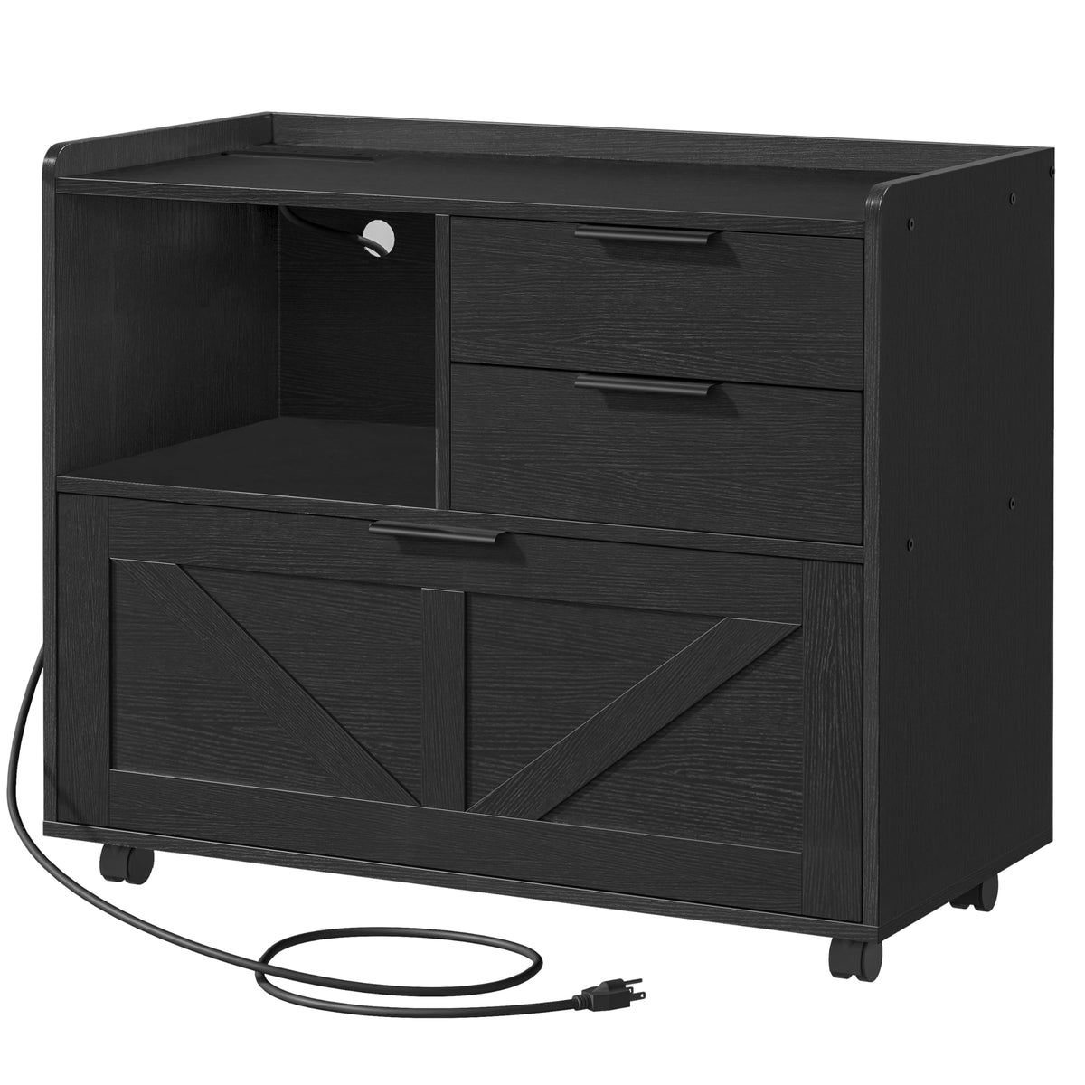 Black Wood Lateral File Cabinet with Charging Station X970866