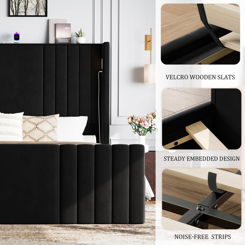 Queen Size Platform Bed Frame with Reading Lights J1907