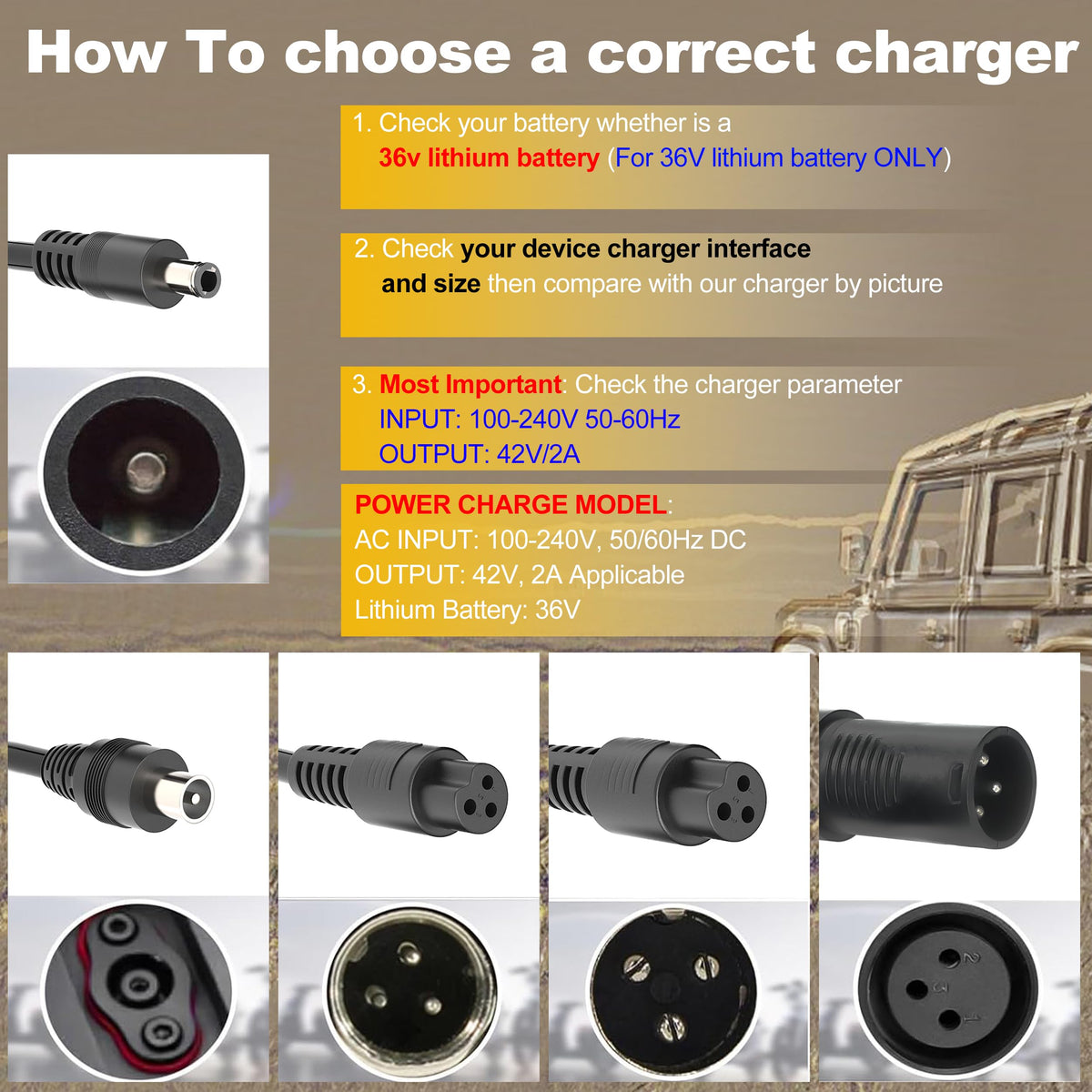 42V 2A Scooter Charger with 5 Types of Connectors X1852