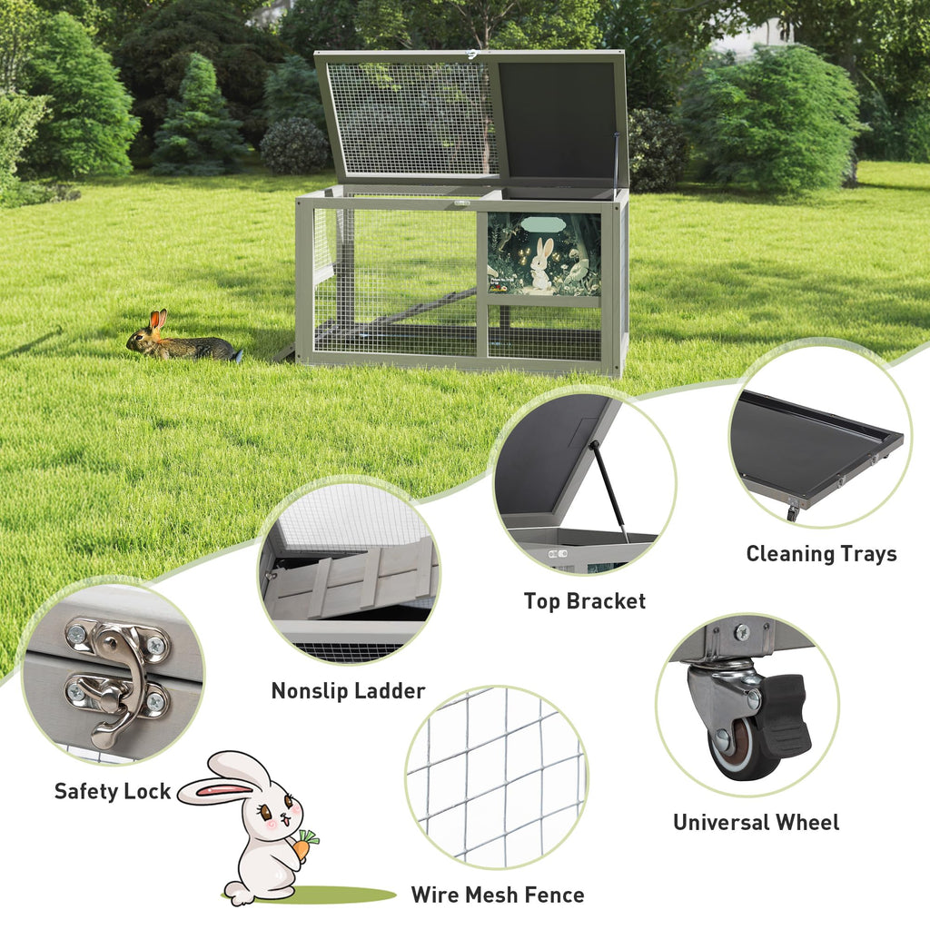 36.5" Two-Level Wooden Rabbit Hutch with Casters & Ramp S200