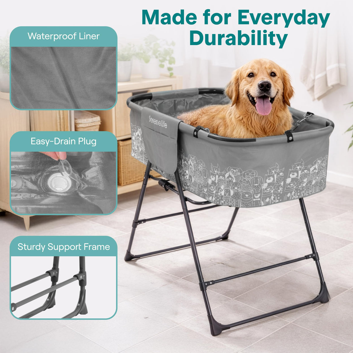Foldable Dog Bath Tub with Drain Hose, 130 lb Capacity, Gray J5038