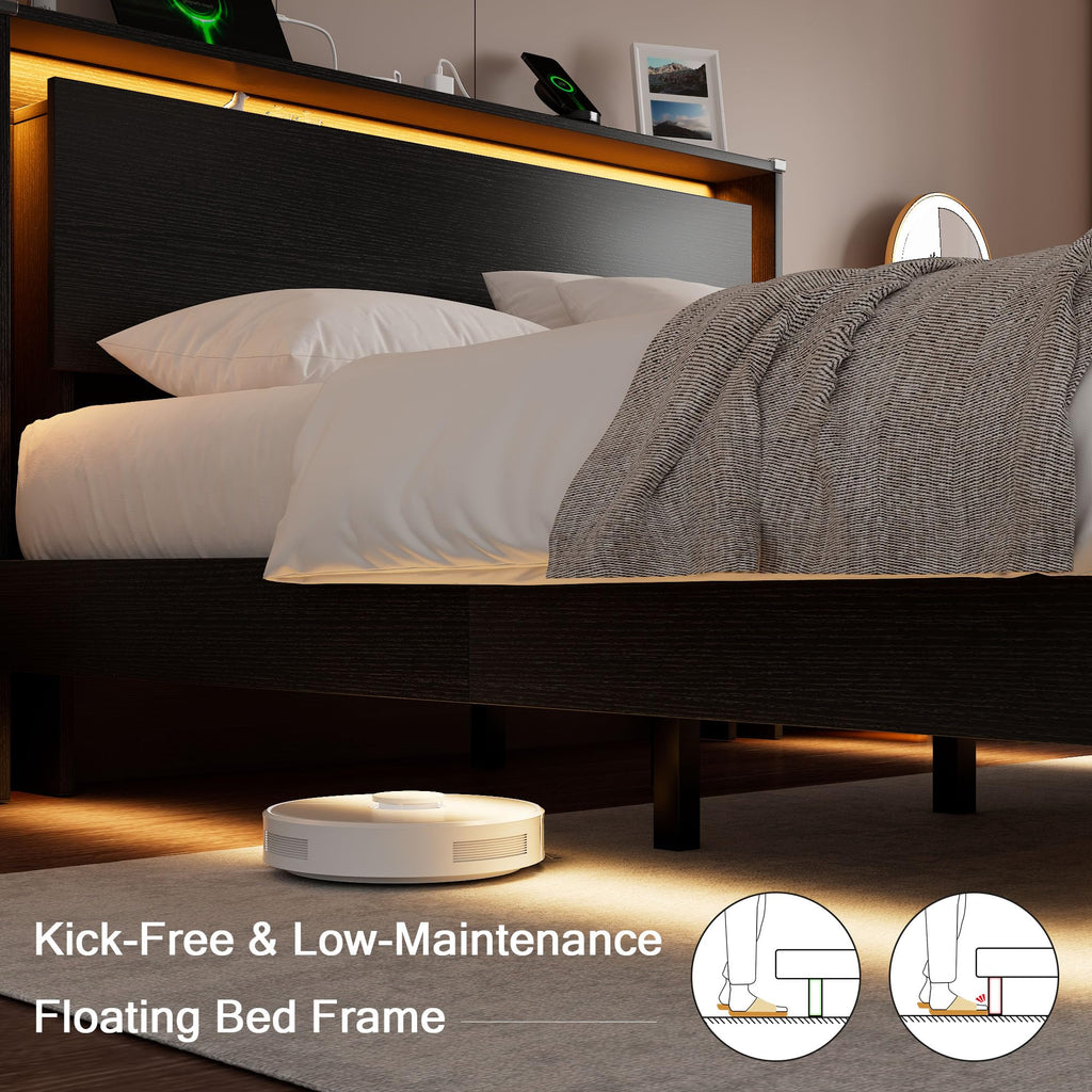 Full Size Wood Bed Frame with Storage Headboard and LED Lights X70853