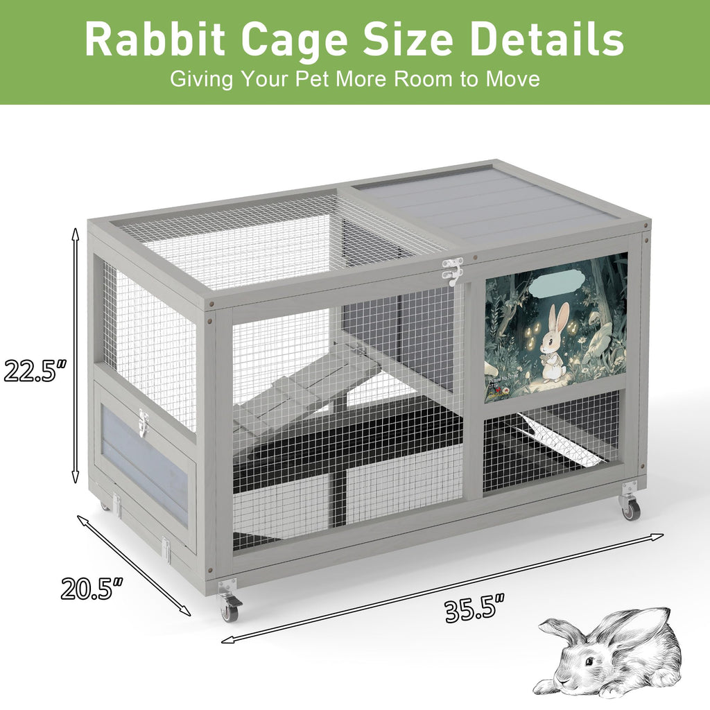 36.5" Two-Level Wooden Rabbit Hutch with Casters & Ramp S200