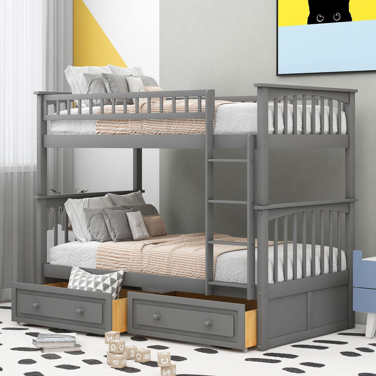 Grey Convertible Wood Twin-Over-Twin Bunk Bed with Storage Drawers and Ladder H770
