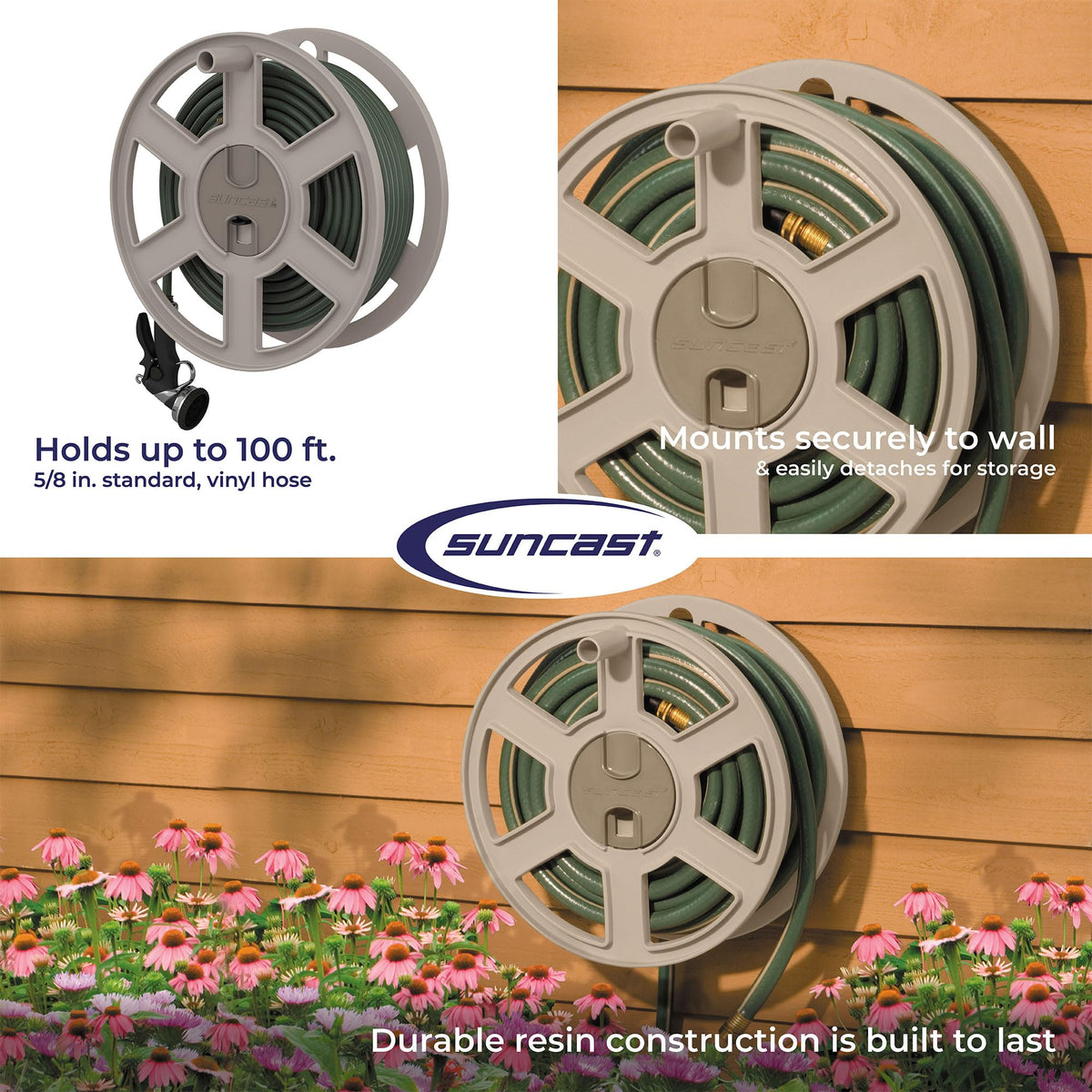 Wall Mount Garden Hose Reel 100 Feet Capacity Light Taupe Resin A549