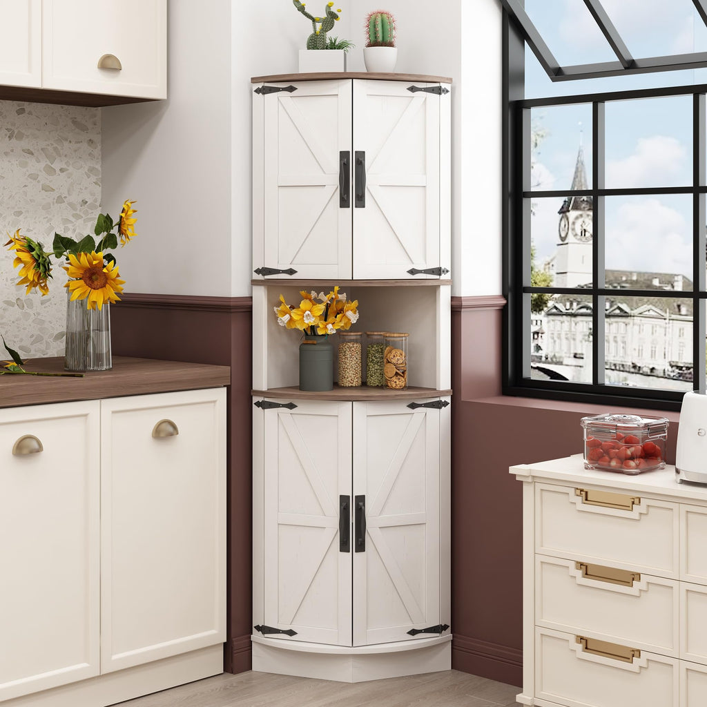 White Tall Corner Storage Cabinet with 4 Doors and 5 Shelves F964471