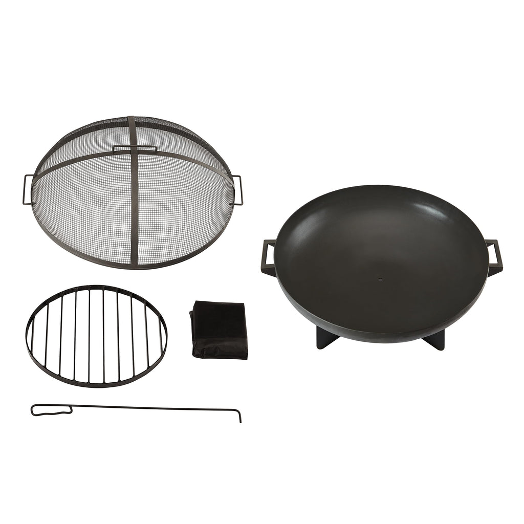 36” Round Wood Burning Steel Fire Pit with Spark Screen, Poker, Log Grate and Storage Cover J550