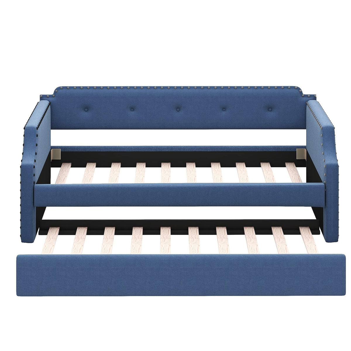 Blue Linen Fabric Upholstered Twin Daybed with Trundle I957440