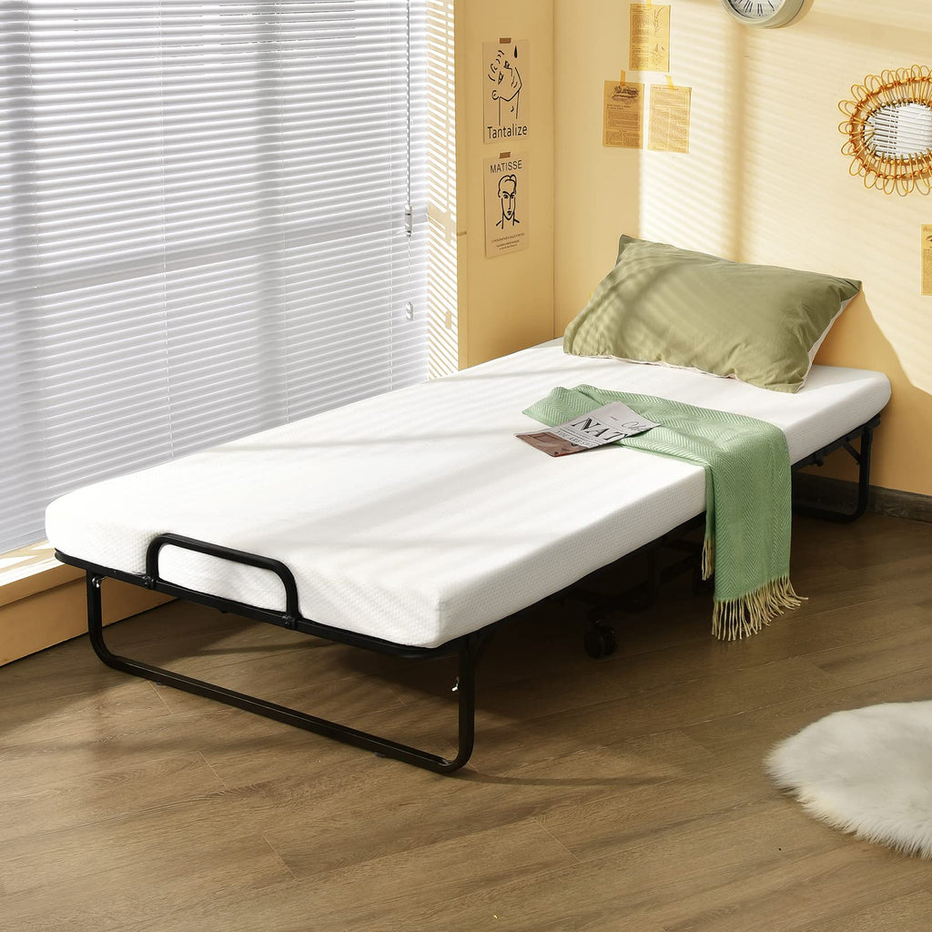 Folding Bed with Mattress Twin Size Metal Frame Memory Foam T2097