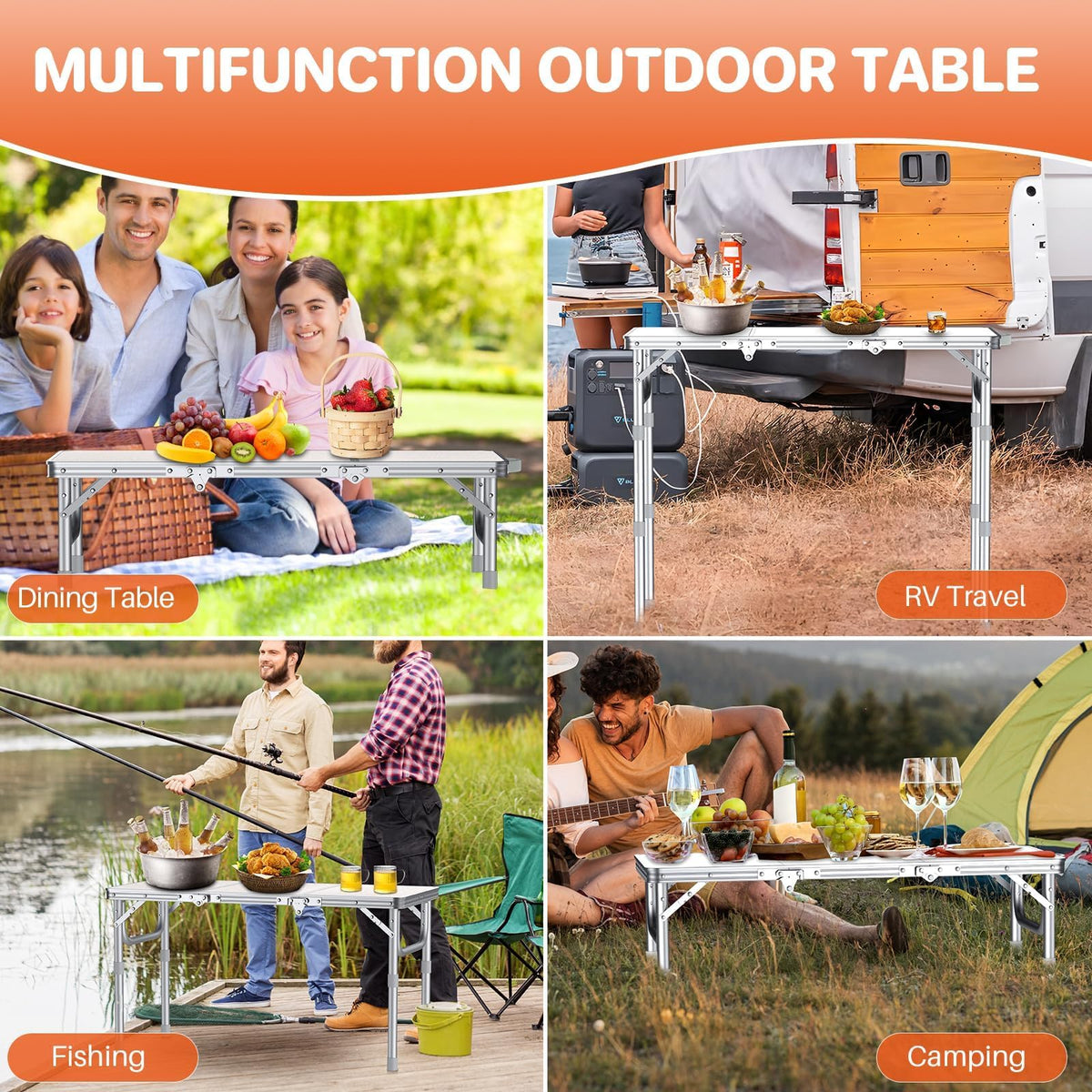 3ft Folding Camping Table, 3 Height Adjustable White R49909
