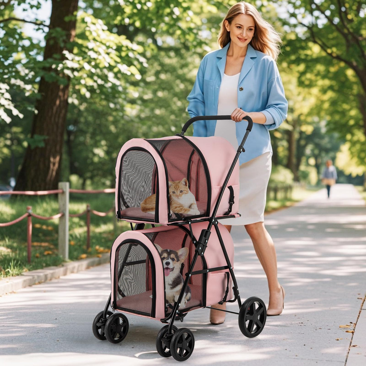 Double Pet Stroller with 2 Detachable Carrier Bags Pink C20878