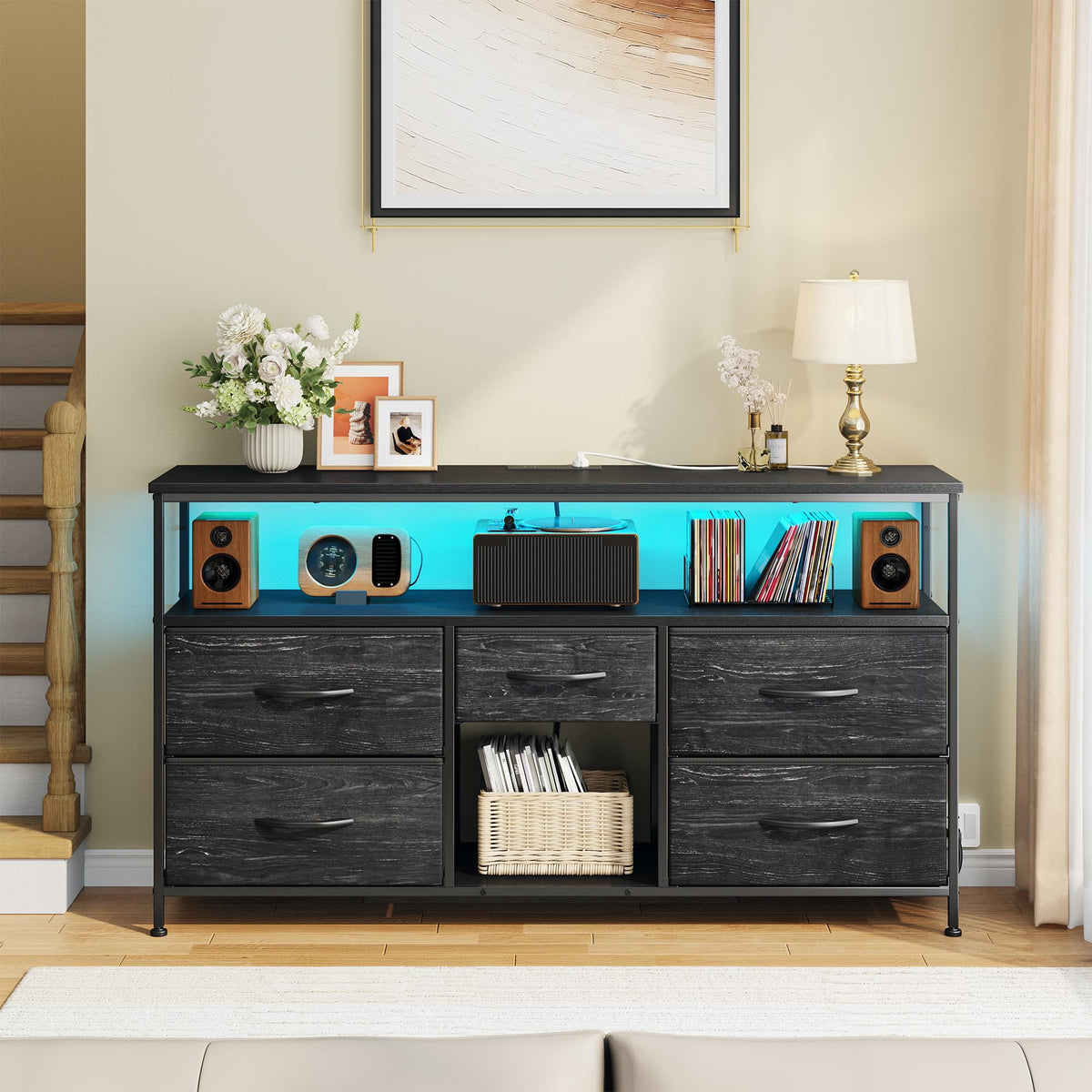 Black TV Stand with LED & Outlets, 5-Drawer Storage N22656