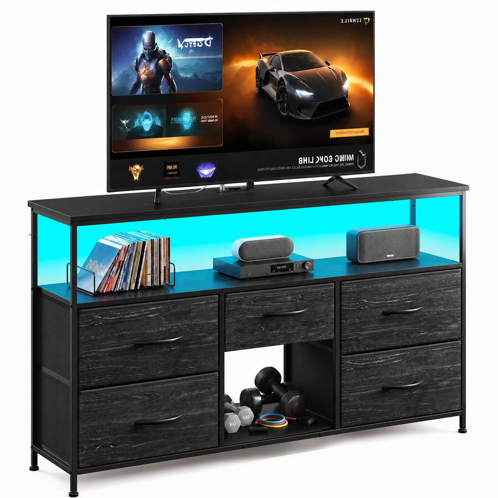 Black TV Stand with LED & Outlets, 5-Drawer Storage N22656