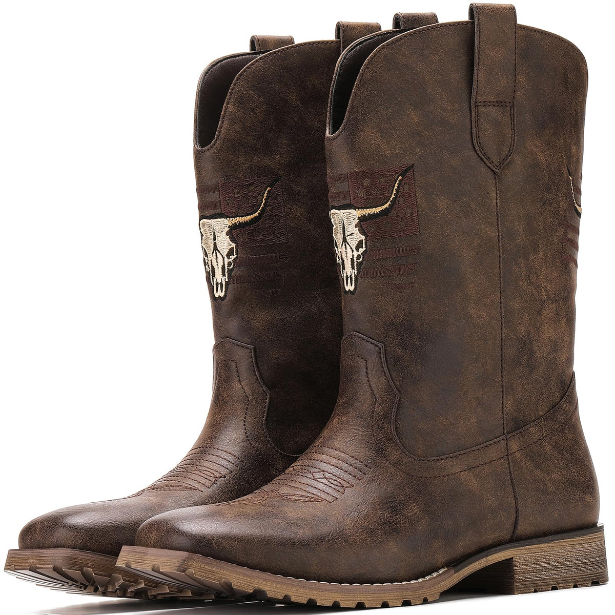 Vintage Distressed Brown Square Toe Mid-Calf Cowboy Boots X736943