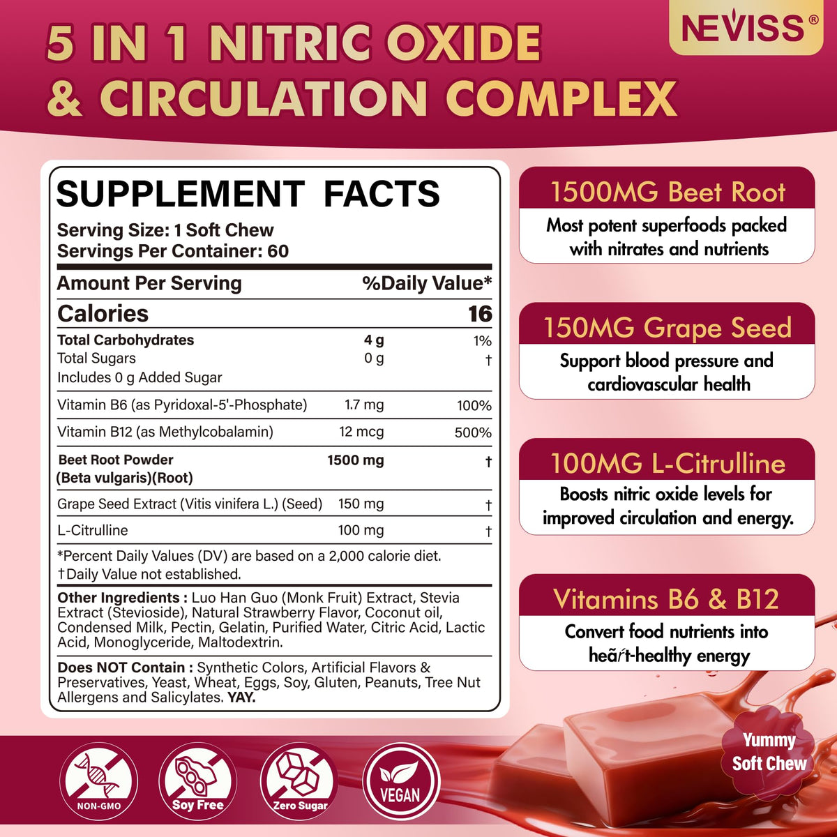 Beet Root Nitric Oxide Supplement 1500mg 60 Cts B301