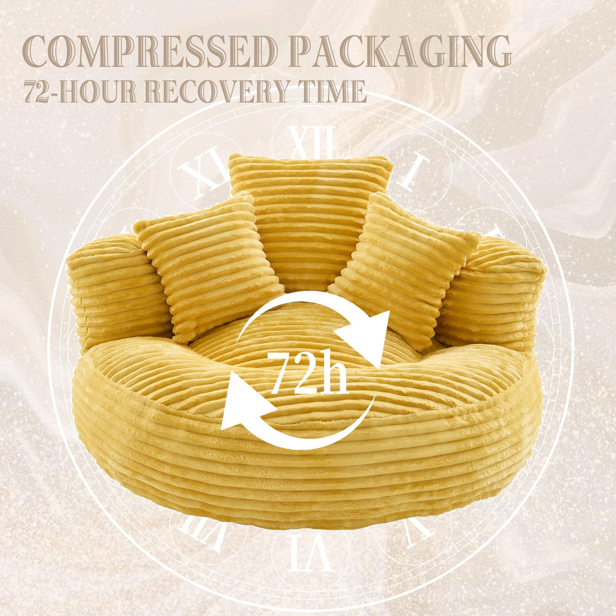 43" Mustard Yellow Corduroy Beanbag Sofa with Memory Foam W64432