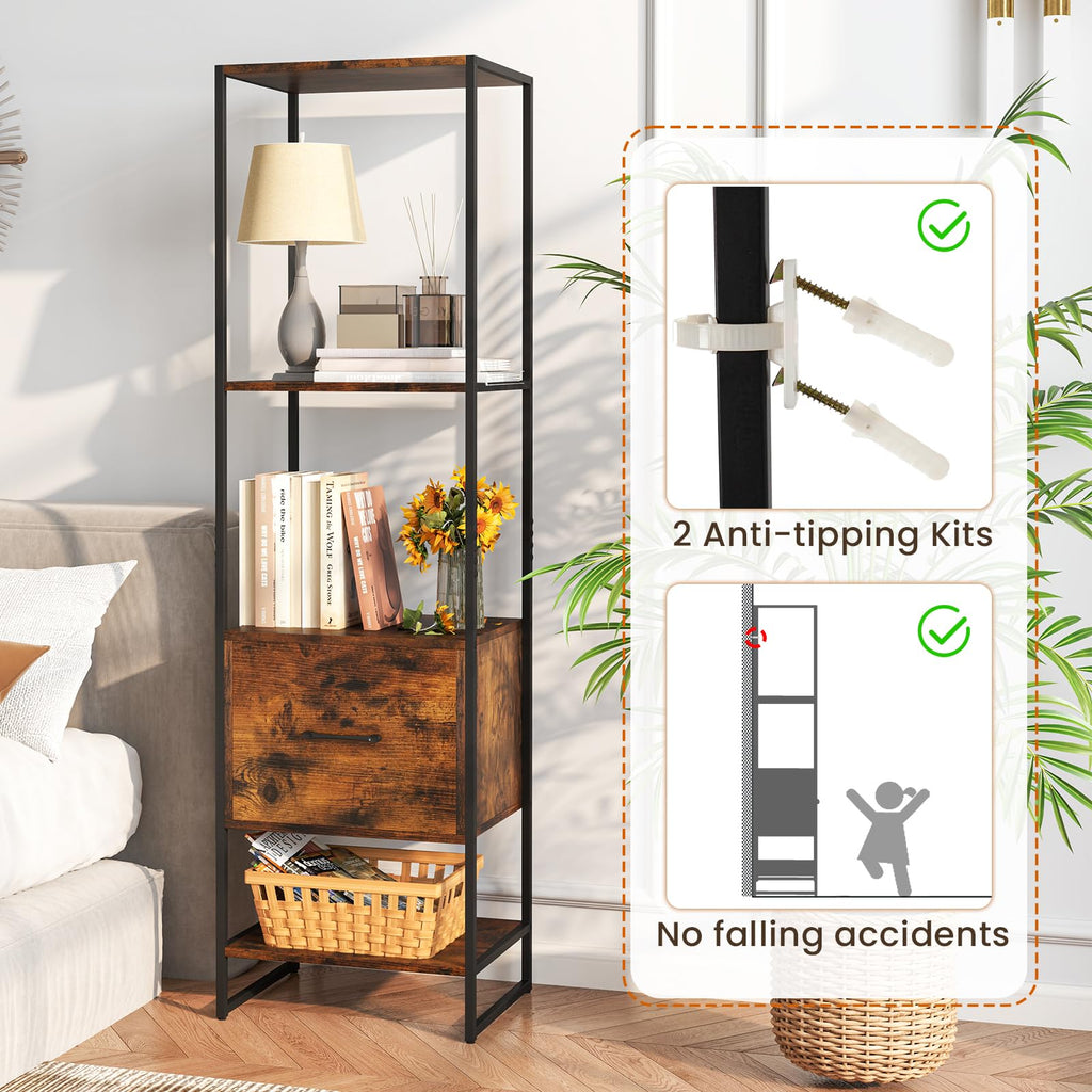 5-Tier Bookshelf with Drawer Narrow Bookcase S246680