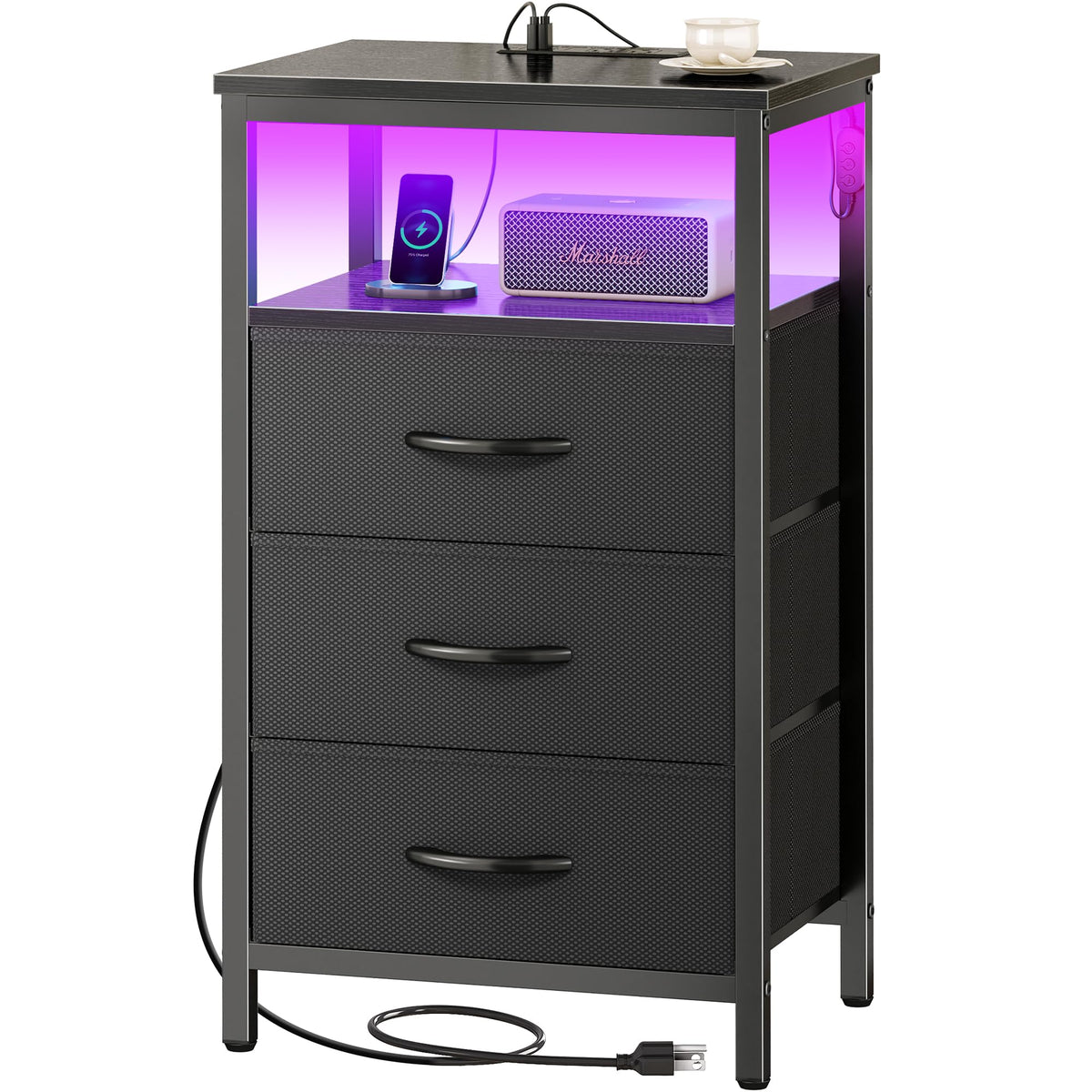 3 Drawer Nightstand with Charger Station and LED Lights C23224