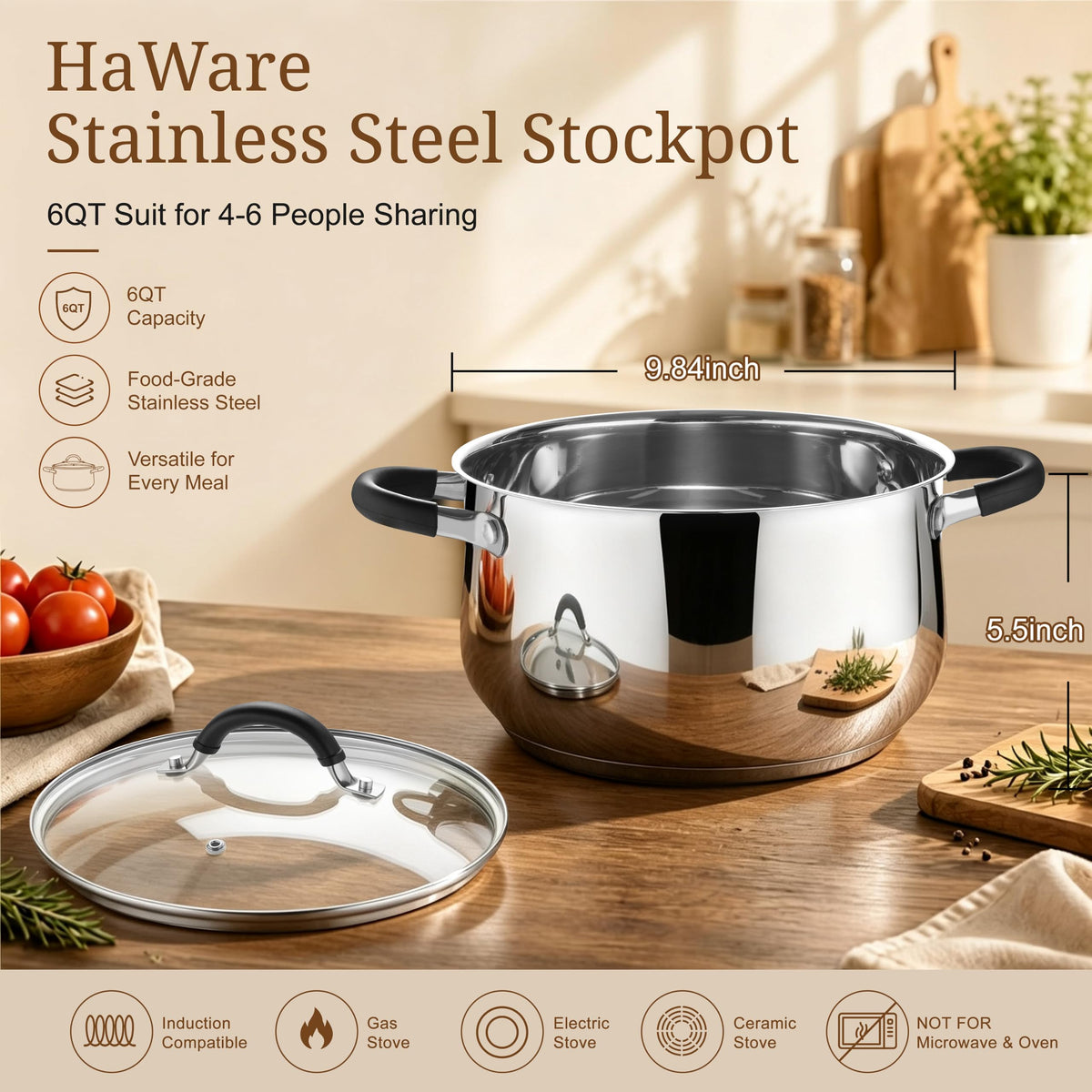 6 Quart Stainless Steel Induction Stock Pot with Lid N664