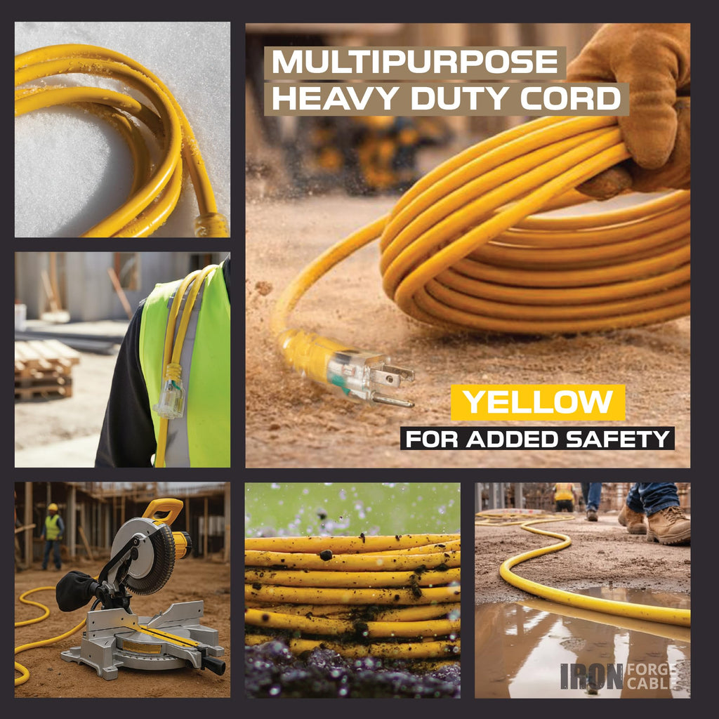 100 Foot Outdoor Extension Cord 12/3 SJTW Heavy Duty Yellow 3 Prong 15 AMP Q522605