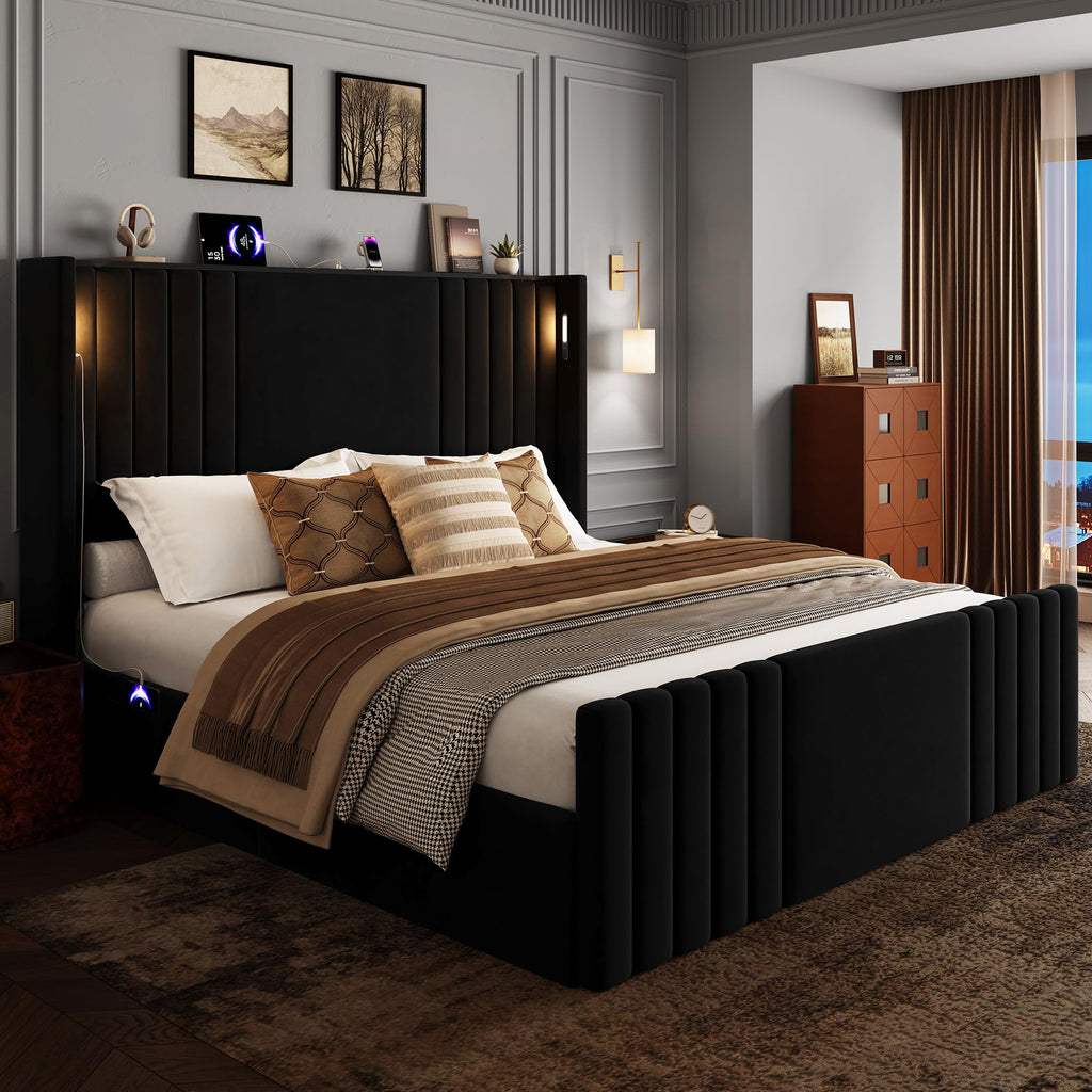 Queen Size Platform Bed Frame with Reading Lights J1907