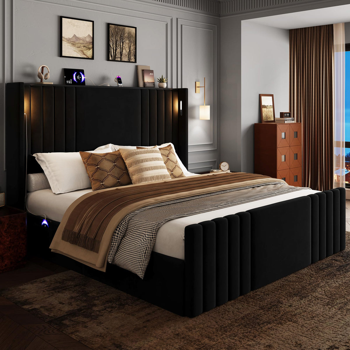 Queen Size Platform Bed Frame with Reading Lights J1907