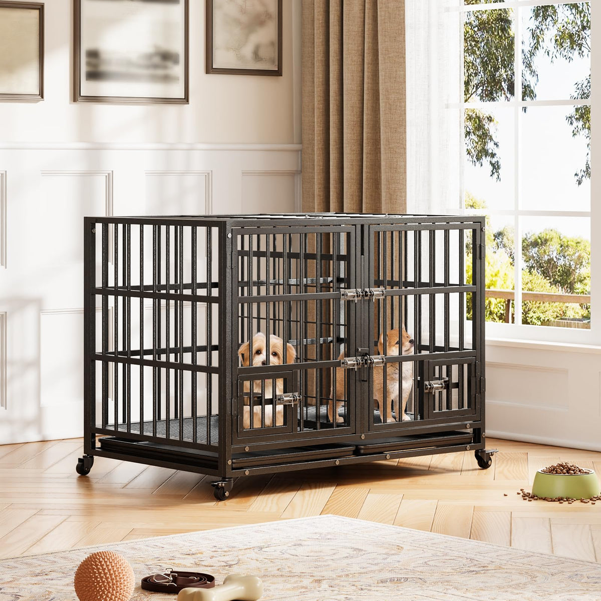 42 inch Heavy Duty Metal Dog Crate with Removable Tray and Wheels N44905