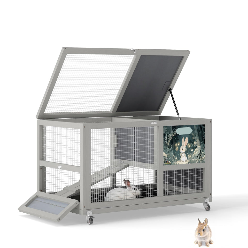 36.5" Two-Level Wooden Rabbit Hutch with Casters & Ramp S200