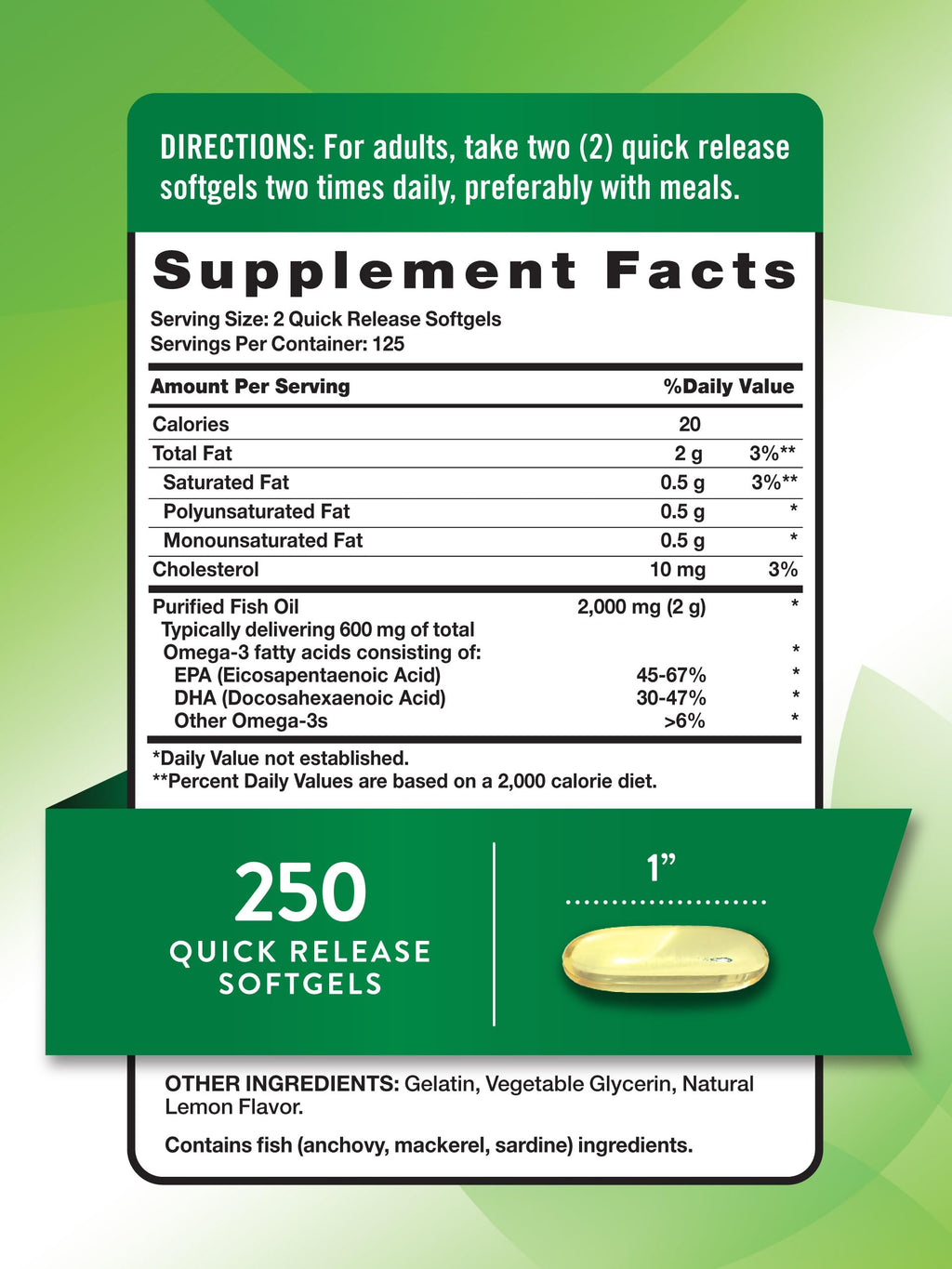 Fish Oil 2000 mg 600 mg Omega 3 250 Softgels I553237