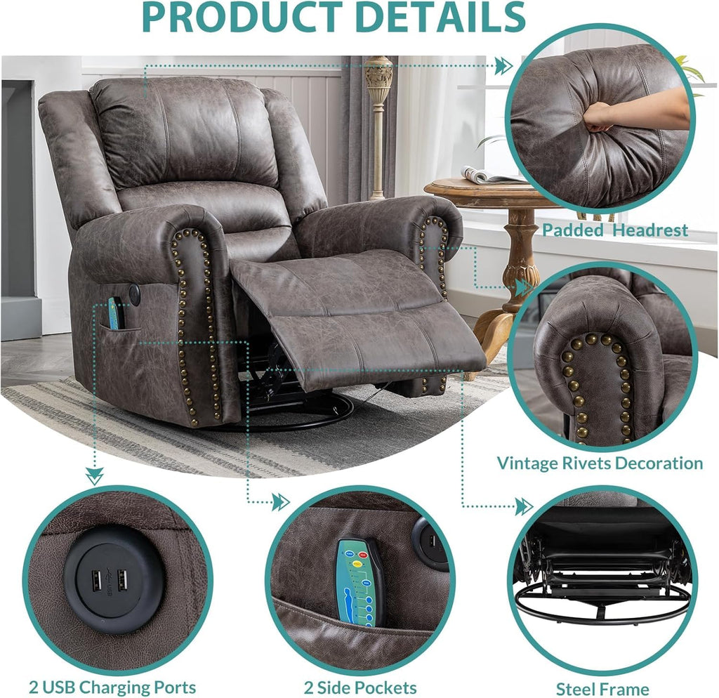 Oversized Swivel Rocker Recliner Chair with Heat and Massage H556888