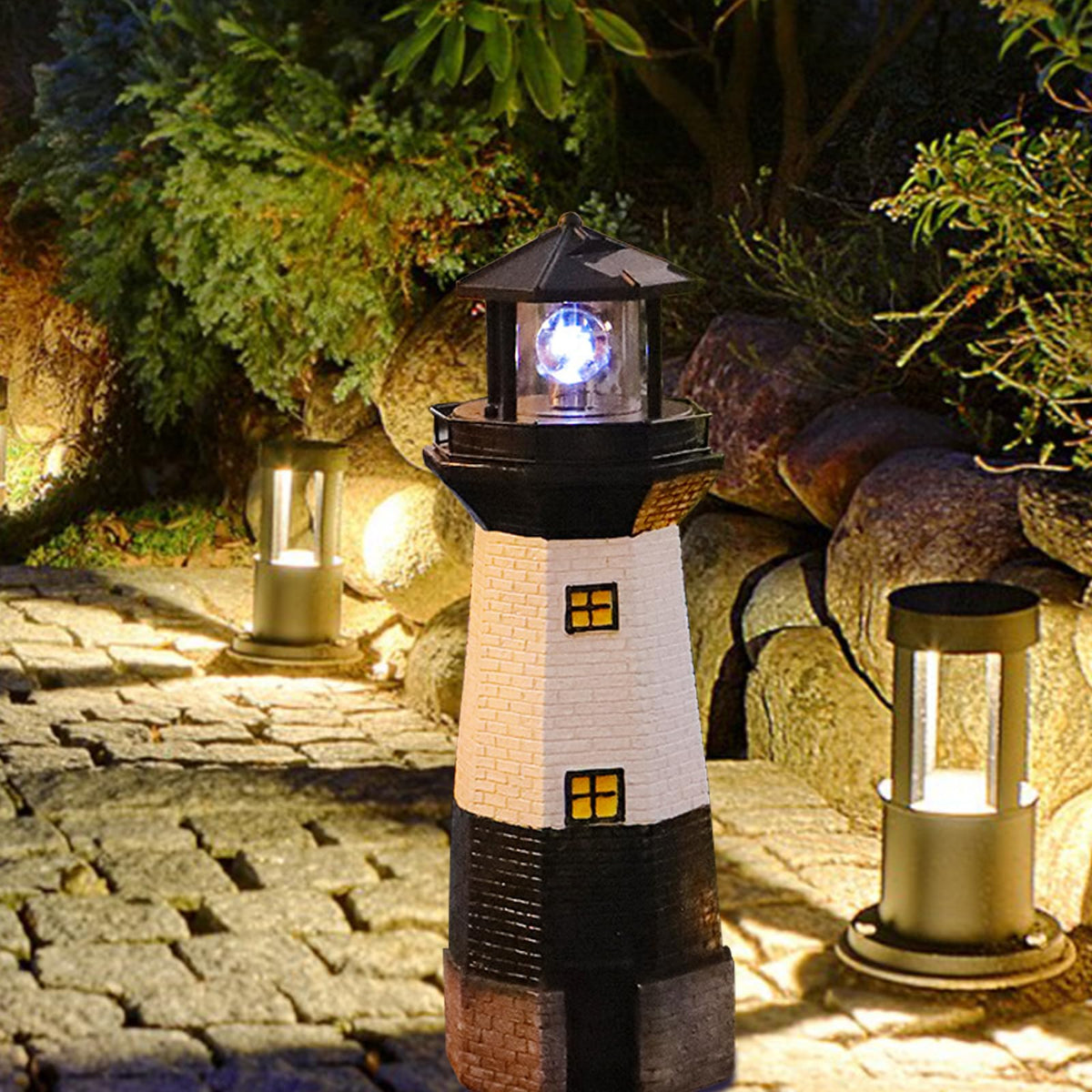 Solar Powered Lighthouse Garden Light with Rotating Beacon E27400