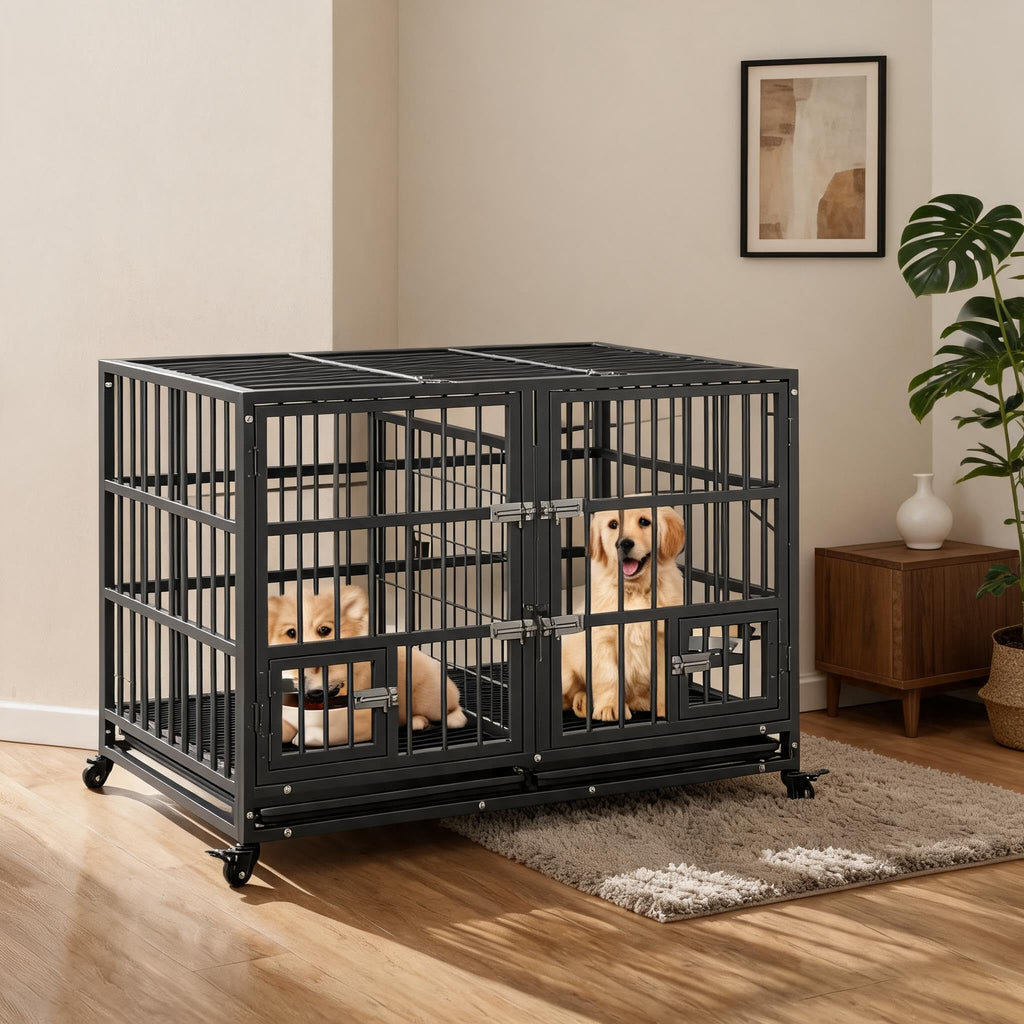 42 inch Heavy Duty Metal Dog Crate with Removable Tray and Wheels N44905