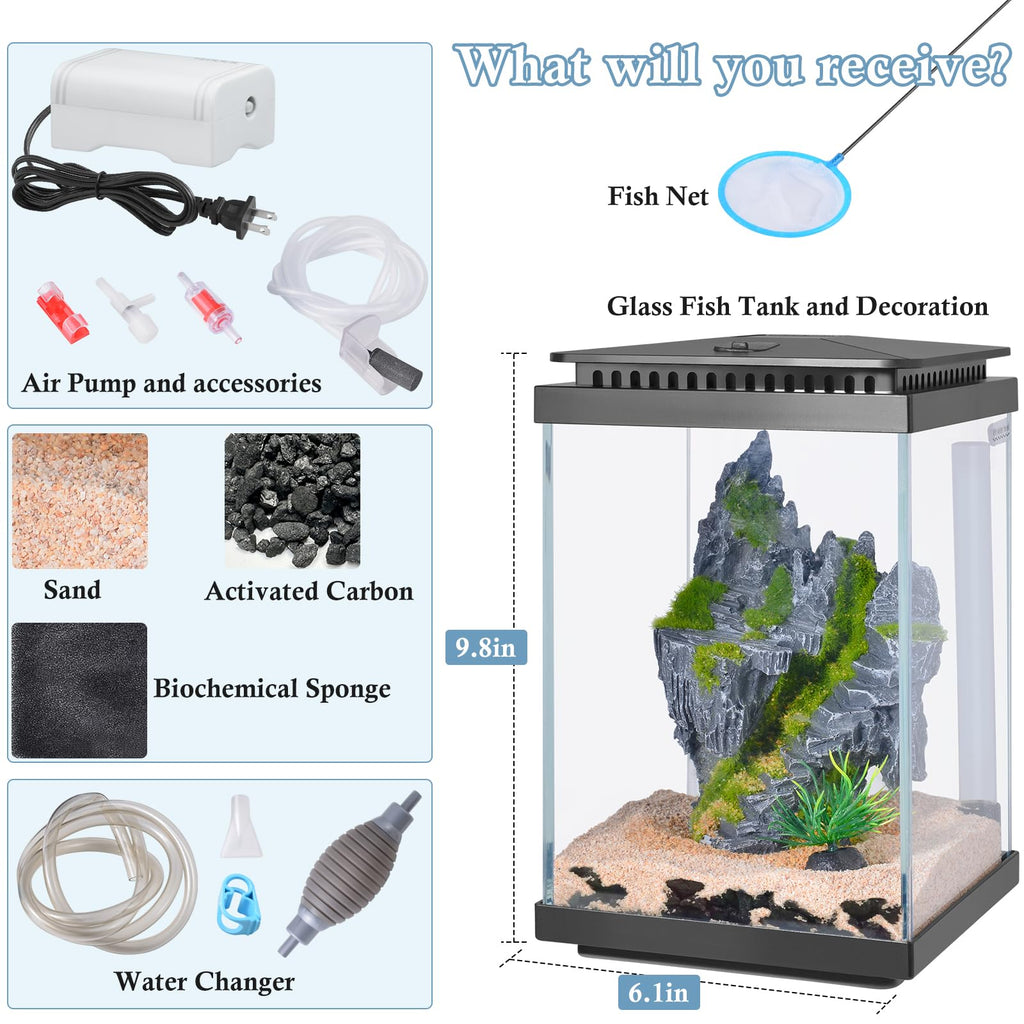 1 Gallon Small Glass Aquarium with Air Pump LED Light E376324