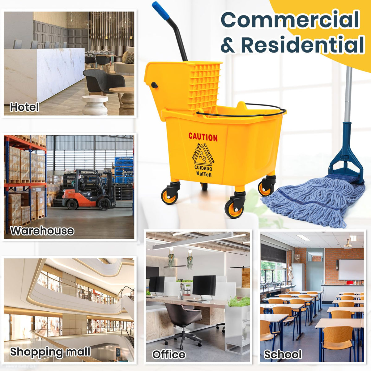35 Quart Commercial Mop Bucket with Side Press Wringer on Wheels W206