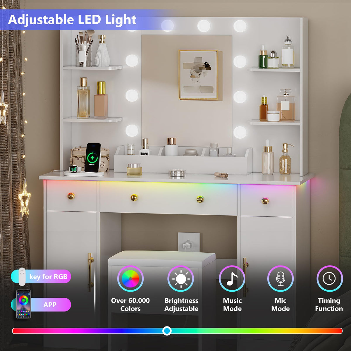 White Vanity Desk with Mirror and Lights, Charging Station, Stool, 3 Drawers and Cabinets A9066