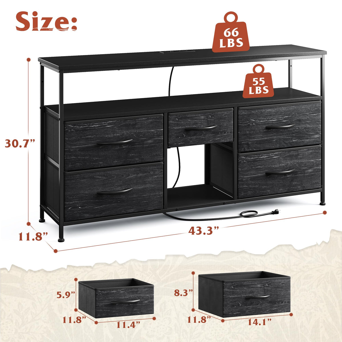Black TV Stand with LED & Outlets, 5-Drawer Storage N22656