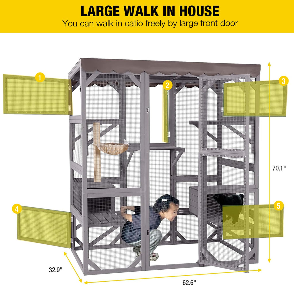 Outdoor Catio Cat Enclosure with 7 Platforms Grey Z238792