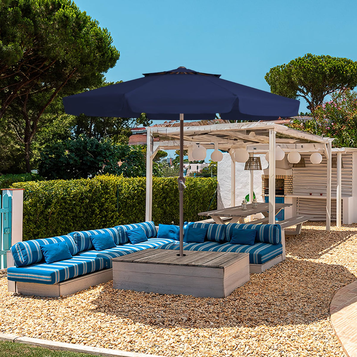 9ft 2-Tier Patio Umbrella, Crank Tilt, Navy Blue B4188
