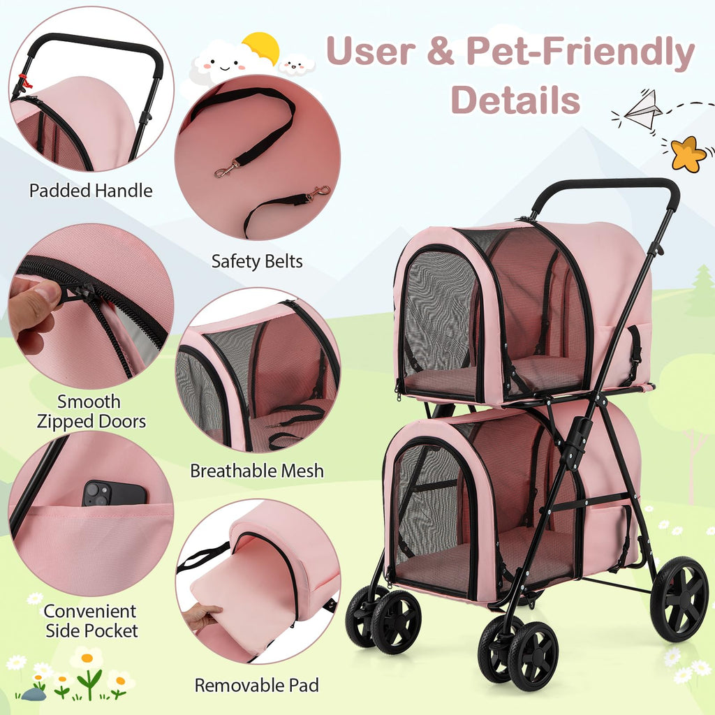 Double Pet Stroller with 2 Detachable Carrier Bags Pink C20878