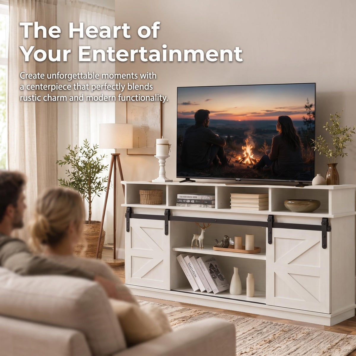 White Farmhouse TV Stand with Sliding Barn Doors C607301