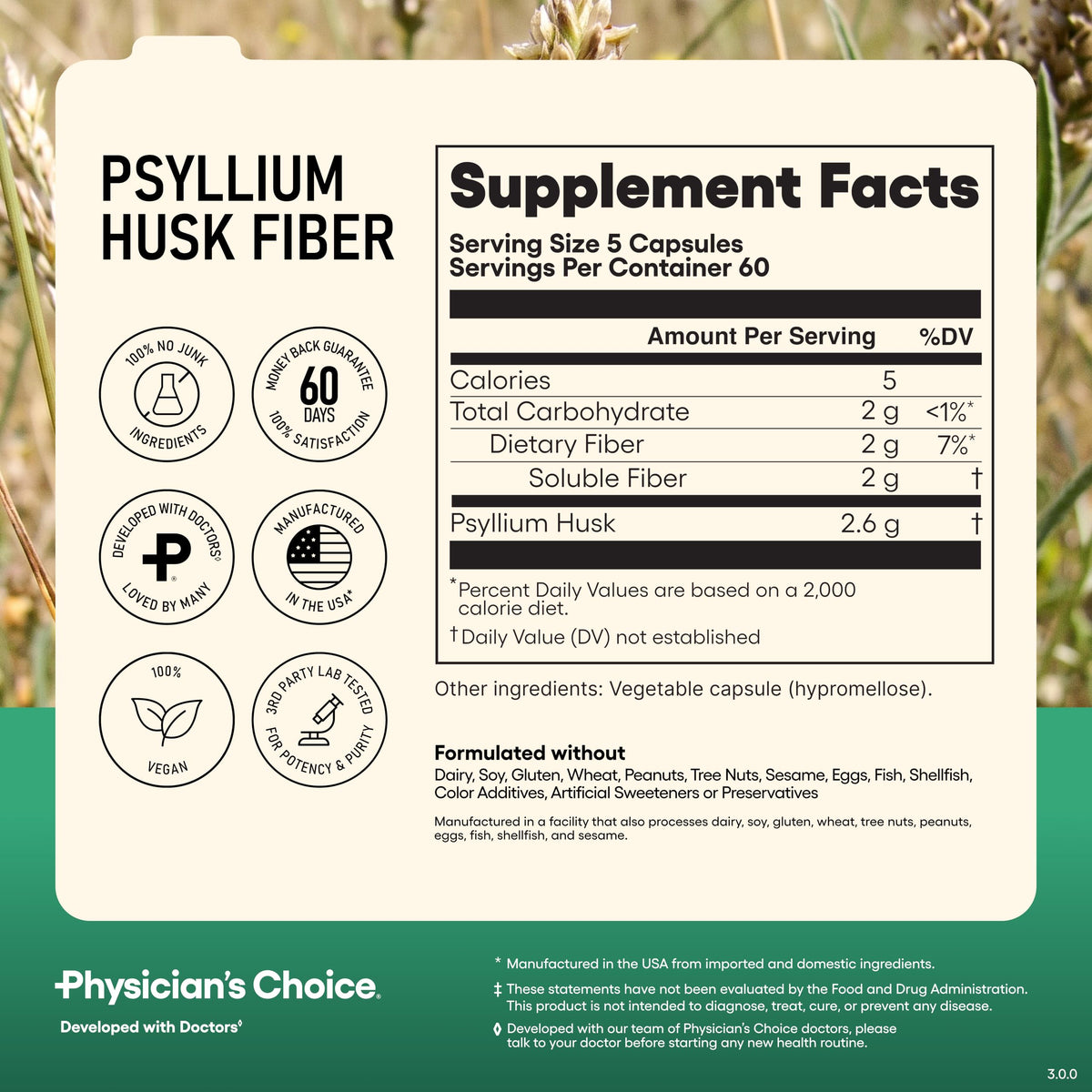 Vegan Psyllium Husk Fiber 300 Capsules H182