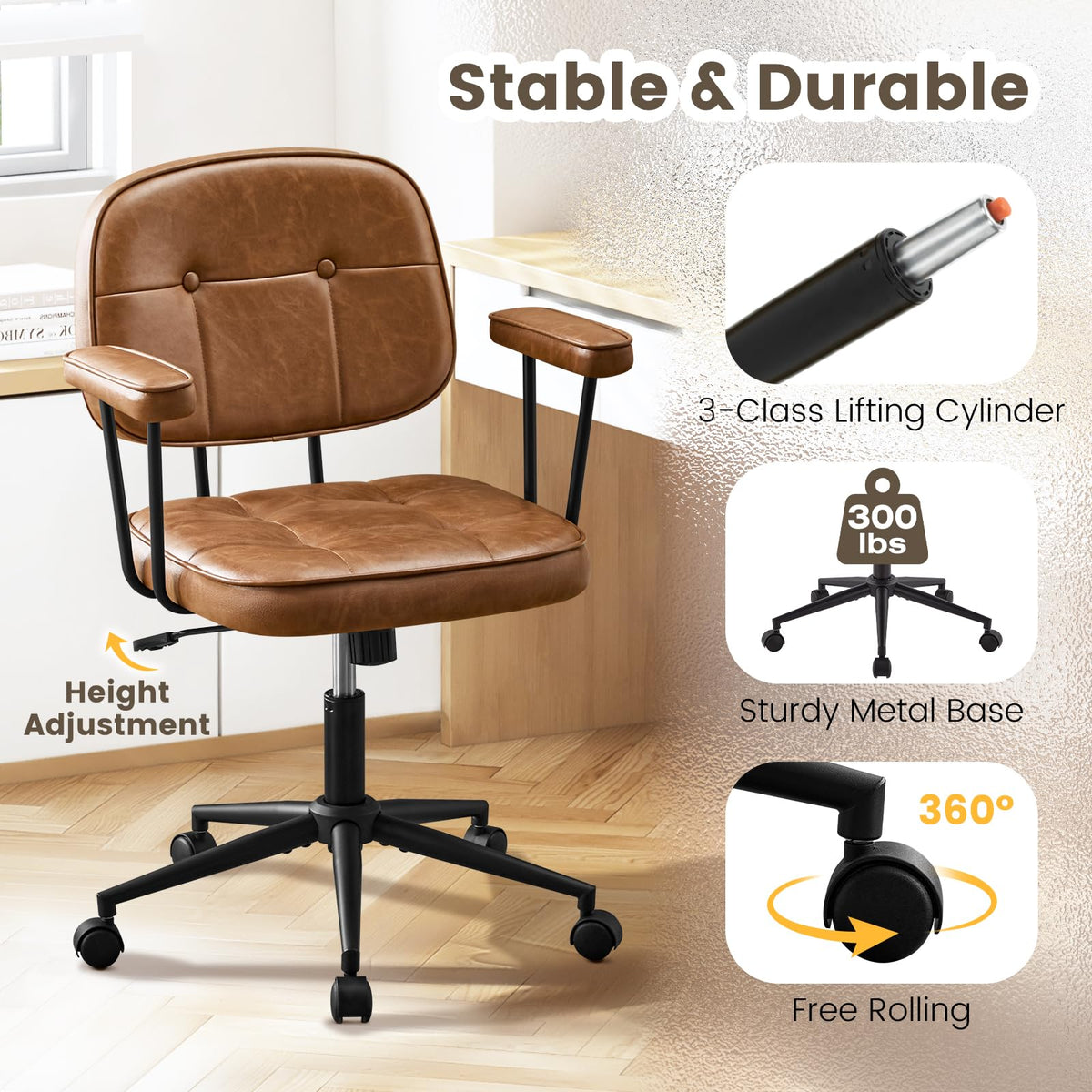 Brown Leather Office Chair with Wheels G321