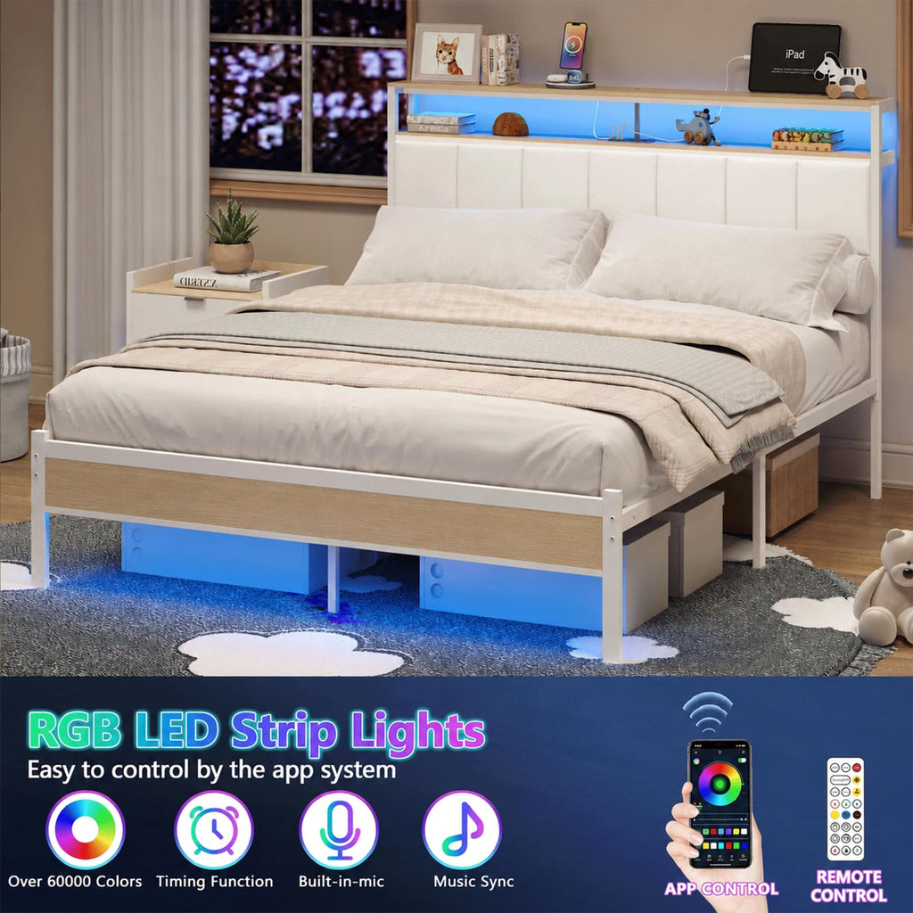White Full Size Upholstered Platform Bed Frame with LED Lights and Storage Shelf B3924