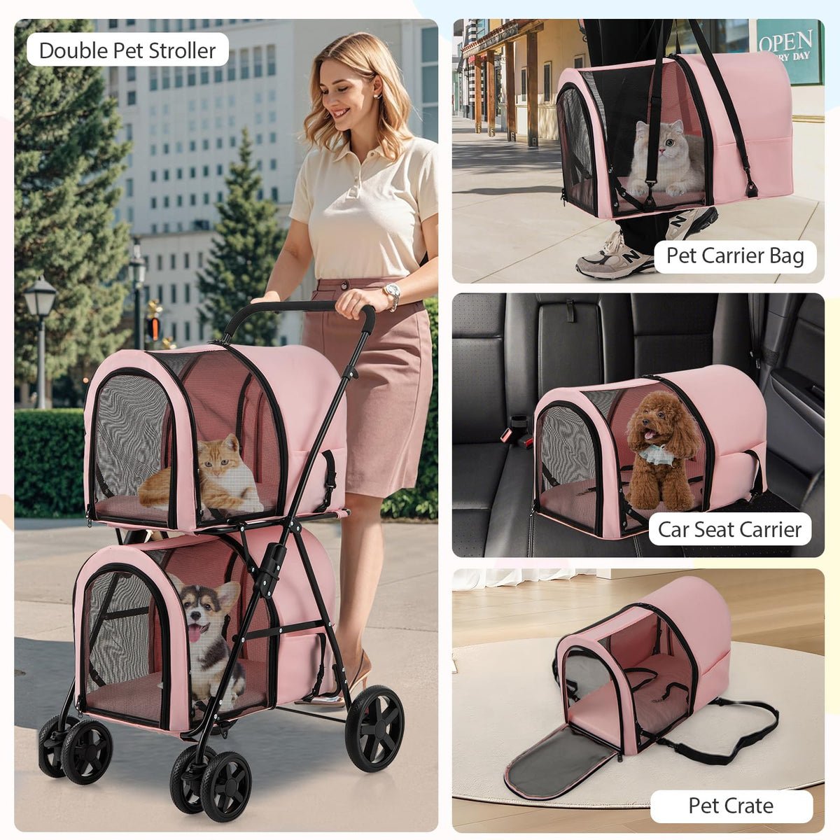 Double Pet Stroller with 2 Detachable Carrier Bags Pink C20878