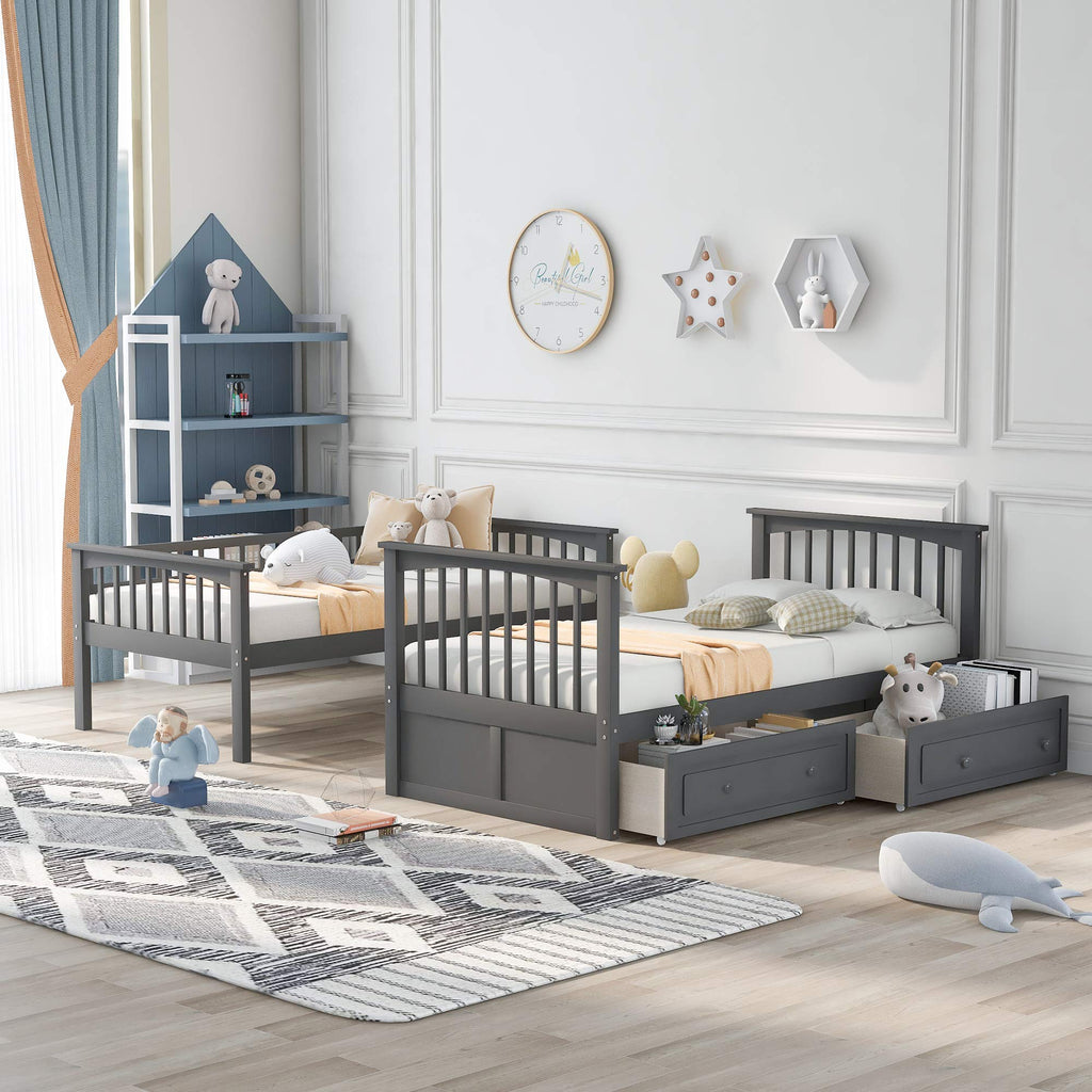 Grey Convertible Wood Twin-Over-Twin Bunk Bed with Storage Drawers and Ladder H770