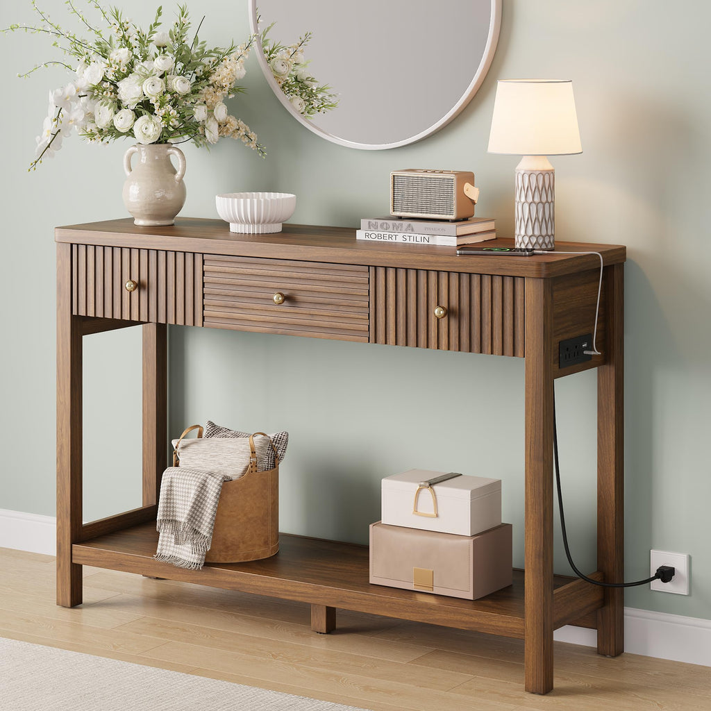 47'' Fluted Console Table with Charging Station & 3 Drawers Q38306